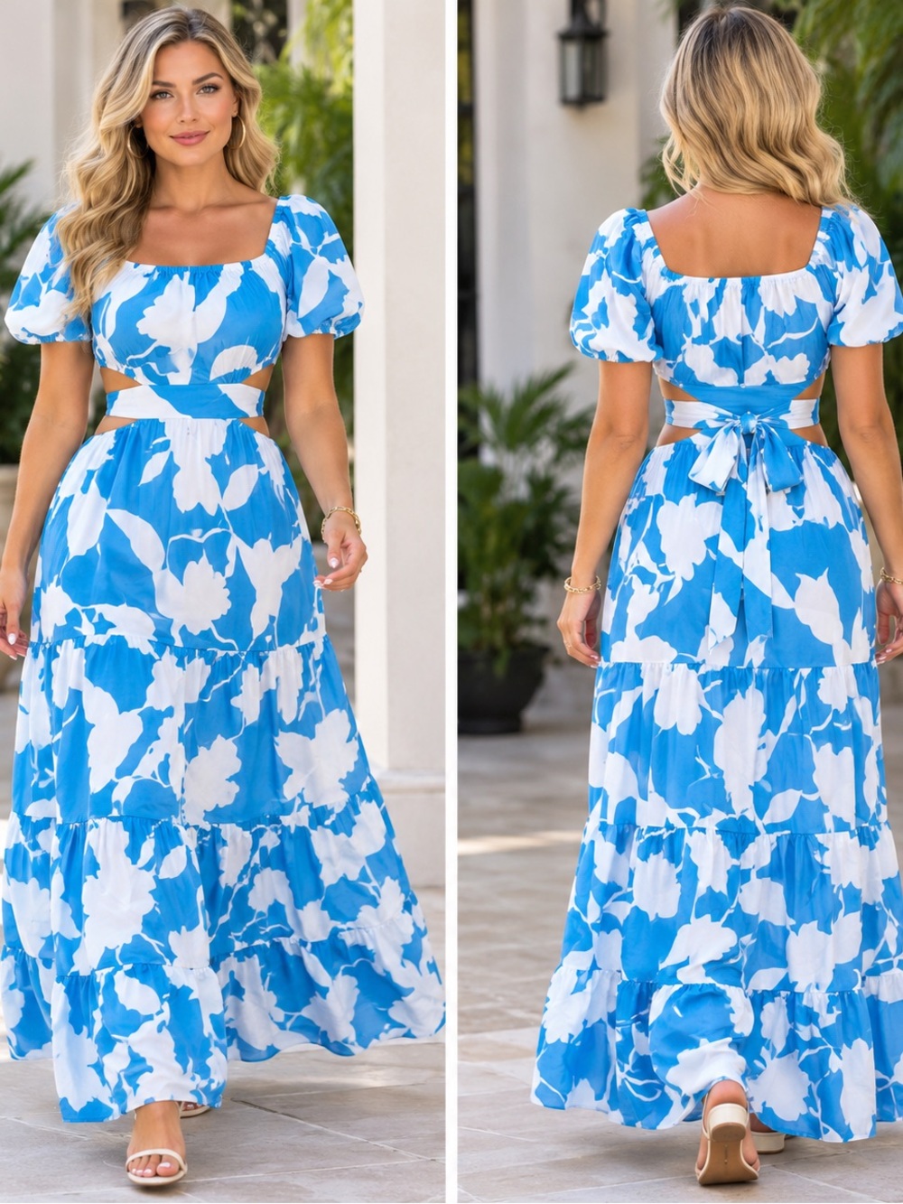 Women’s Blue and White Floral Cutout Maxi Dress